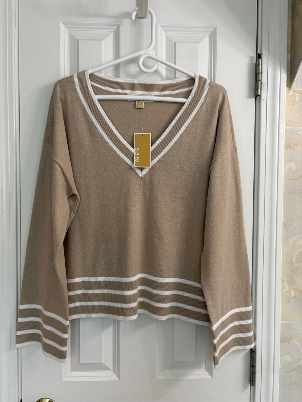 Michael Michael Kors V-Neck Striped Hem Sweater - Beige with White Trim
